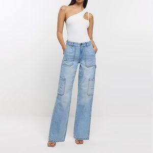 River Island Blue High Waisted Wide Leg Cargo Jeans